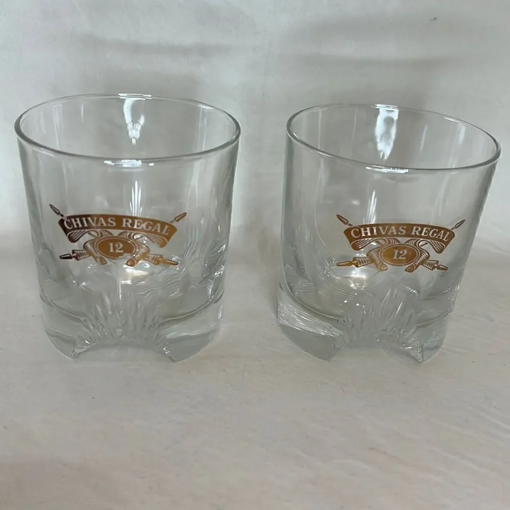 Chivas Regal 12 Rock Glasses 8 Oz 3 In Round 3 1/2 In Tall Set 2 Heavy Bottom